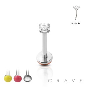 PRONG-SET THREADLESS PUSH-IN 316L SURGICAL STEEL LABRET WITH SOFT ENAMEL BACK FOR COMFORT SET